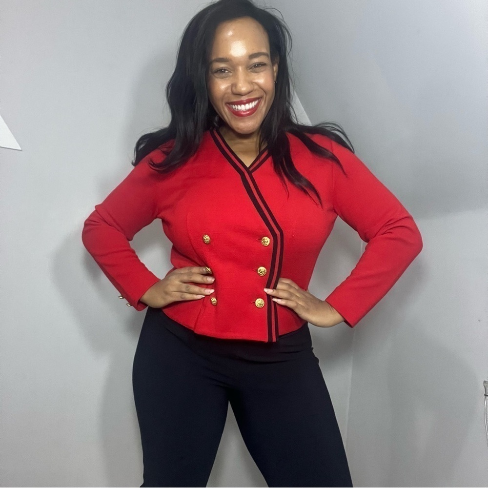 Vintage red double breasted knit cardigan wool sweater Medium preppy military